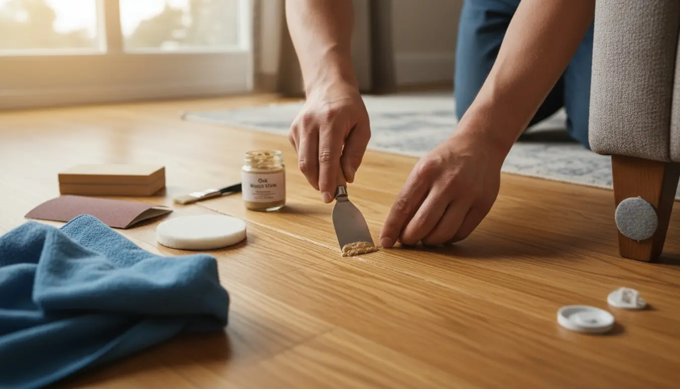 Hænder reparerer en ridse i et trægulv med spartelmasse, sandpapir og bejdse.