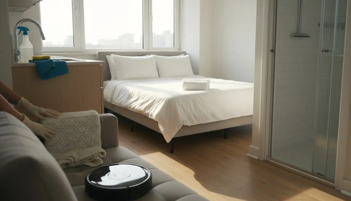 Solbelyst lejlighed klar til Airbnb med opredt seng, sofa, støvsuger og rengøringsmidler.