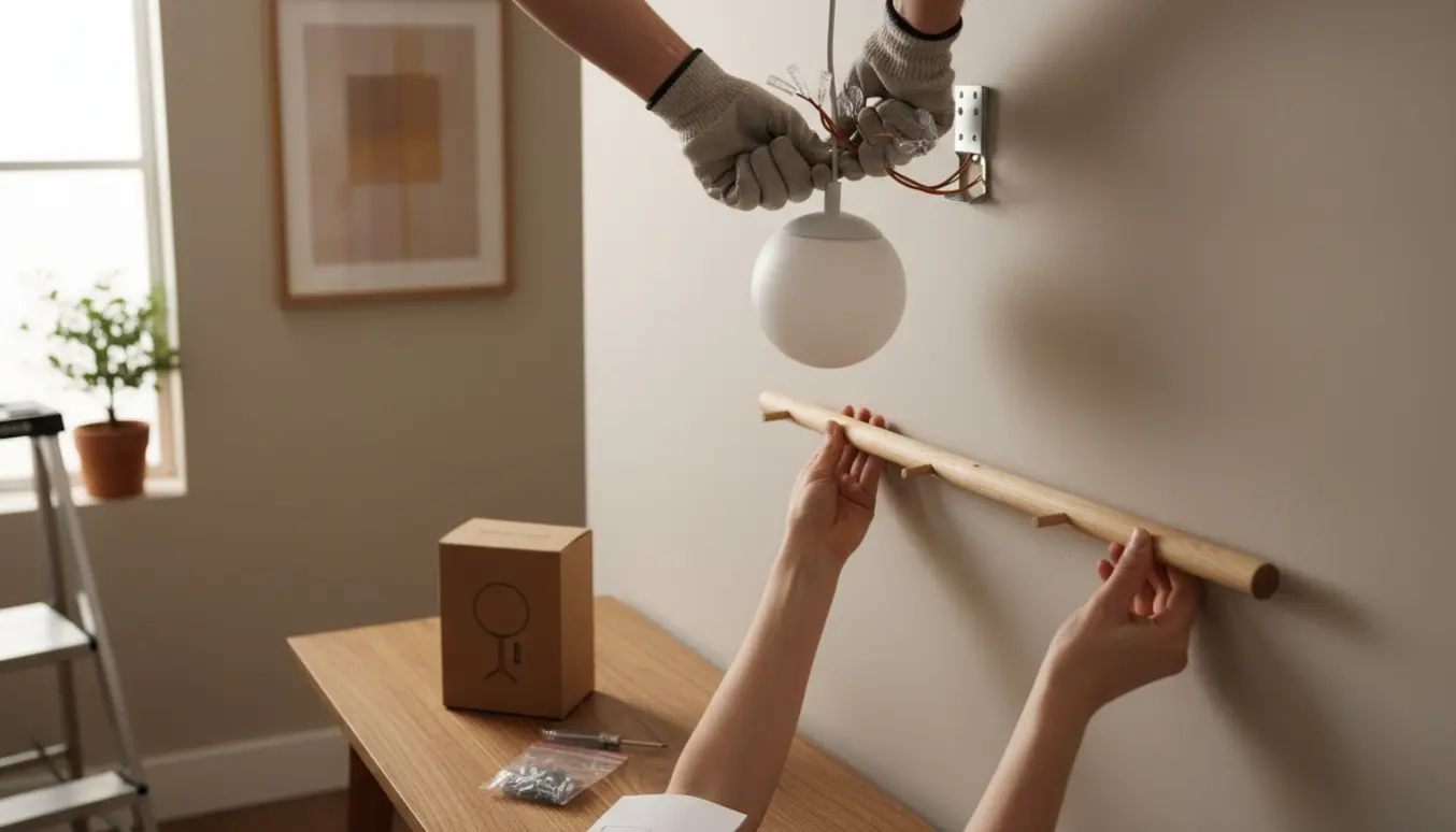 Over-shoulder billede af opsætning af en hvid pendellampe i loftet og ophængning af en træknagerække på en neutral væg.