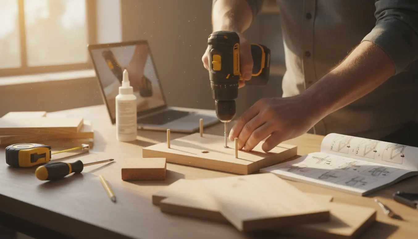 Nærbillede af hænder, der samler et lille træhyldemodul på et ryddeligt værksted i blødt naturligt lys.
