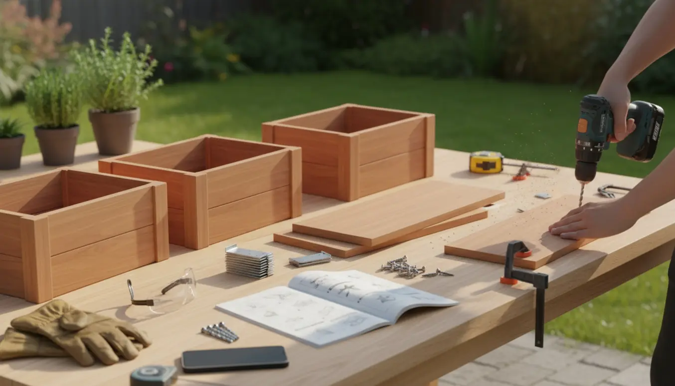 Hænder samler fire træplantekasser på en terrasse med boremaskine, skruer og vejledning.