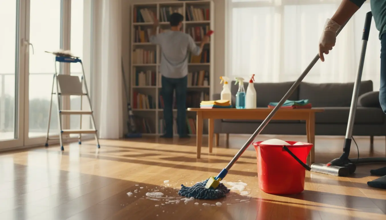 Lyst, åbent hjem under rengøring med moppe, spand, støvsuger og microfiberklude.