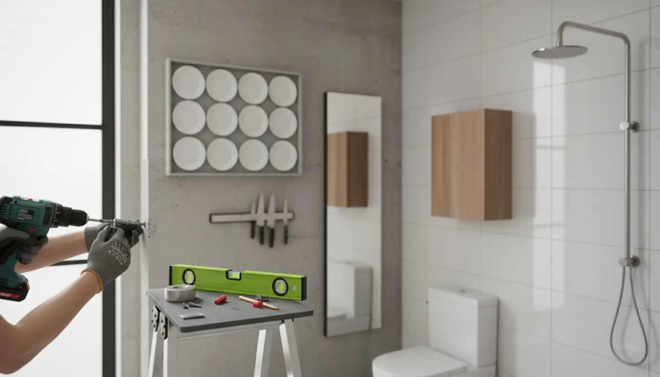 Nærbillede af hænder, der monterer hylder og stænger på beton- og flisevæg med boreværktøj og værktøj omkring.