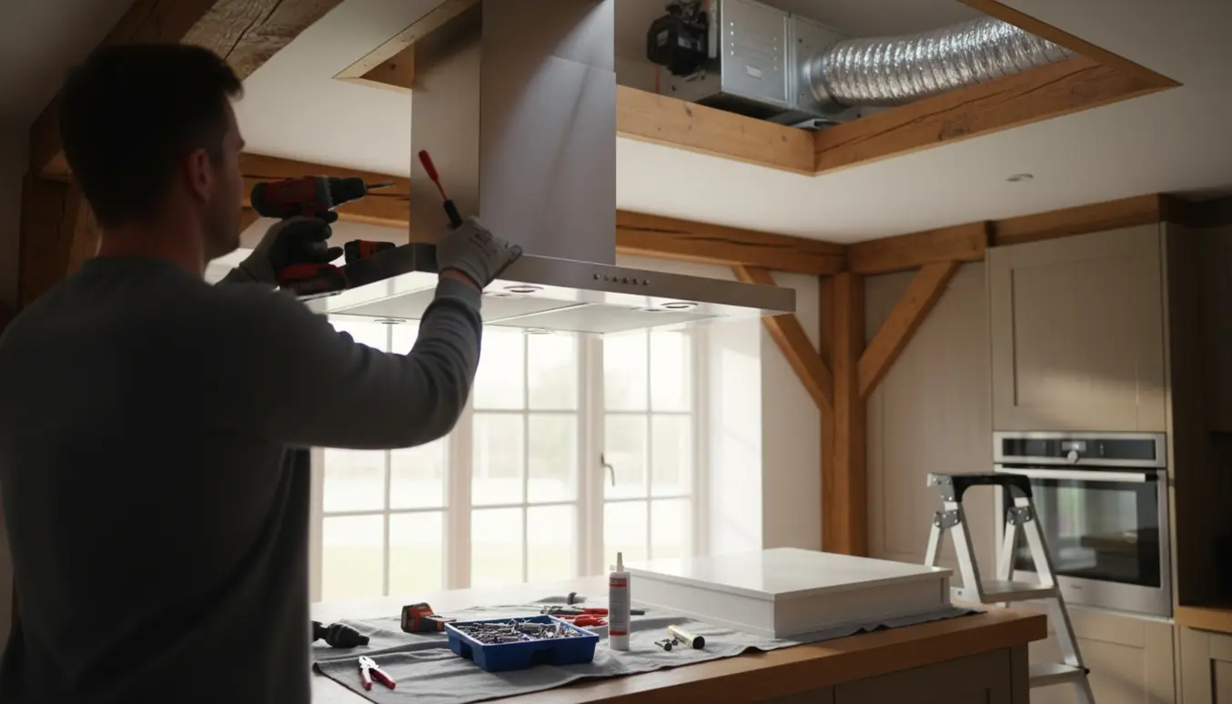 Delvist nedtaget loftemhætte i køkken med åbent loftlem og ekstern motor og ny afkastslange synlig i loftet.