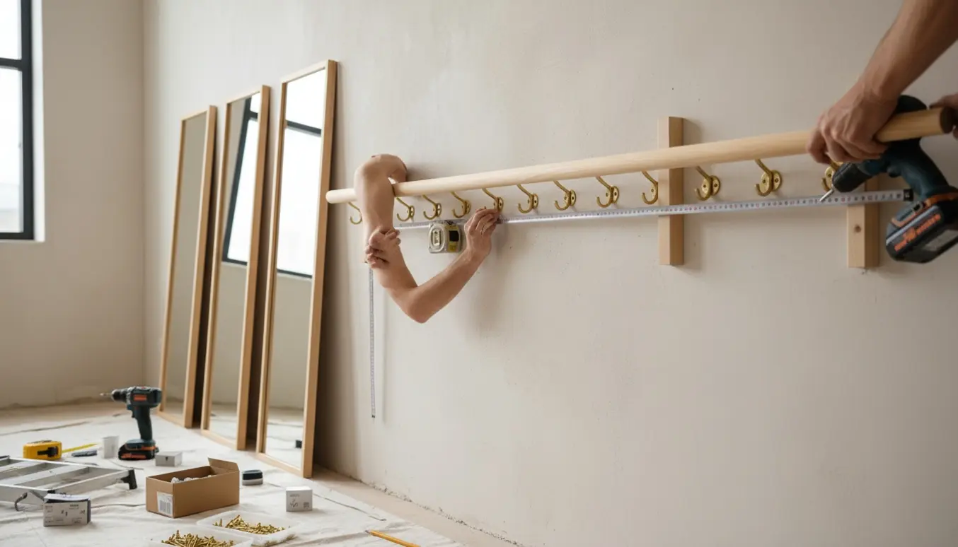 Håndværker monterer rækker af guldknager, store vægspejle og en vægmonteret balletbarre med rawlplugs og træblokke.