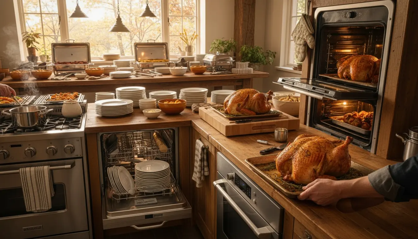 Et travlt hjemmekøkken med hænder der sætter spatchcockede kalkuner i ovne, varmer retter og lægger service klar til en stor Thanksgiving-fest.