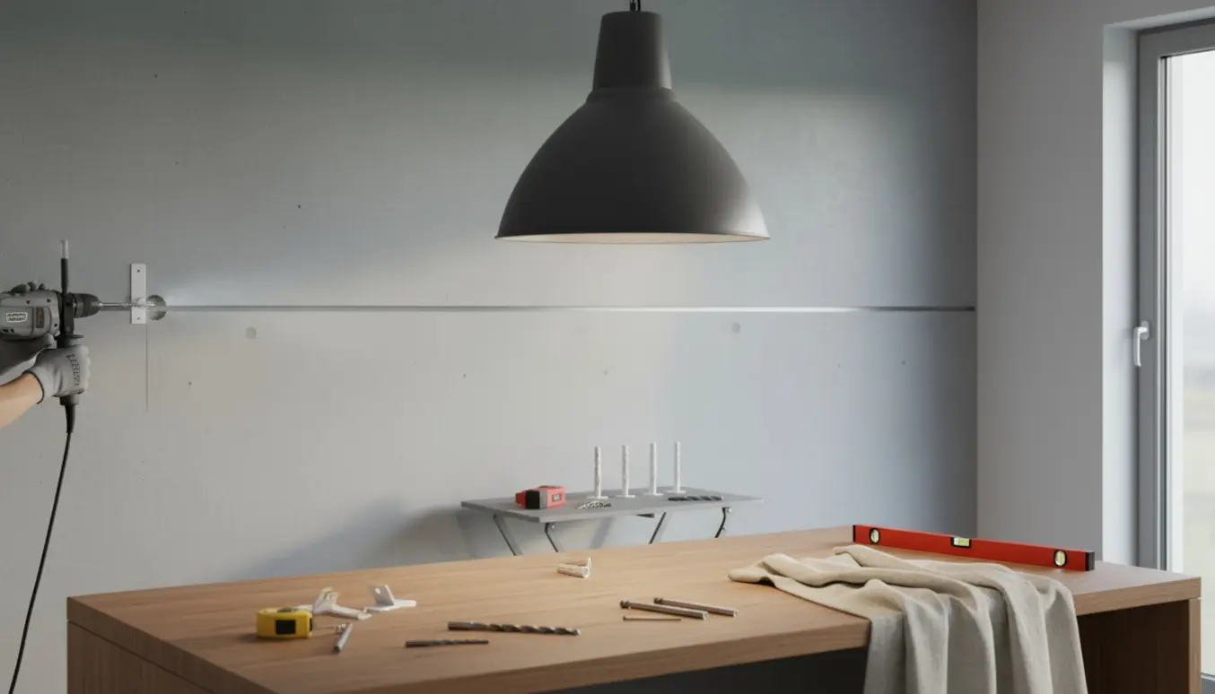 Installation af pendel over køkkenø og opsætning af gardinbeslag i betonvæg, set fra skuldrene ned.