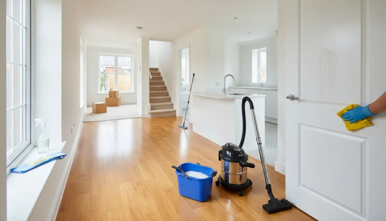 Flytterengøring i et 120 m² hus med støvsuger, moppe og handsker, mens en dør tørres af.