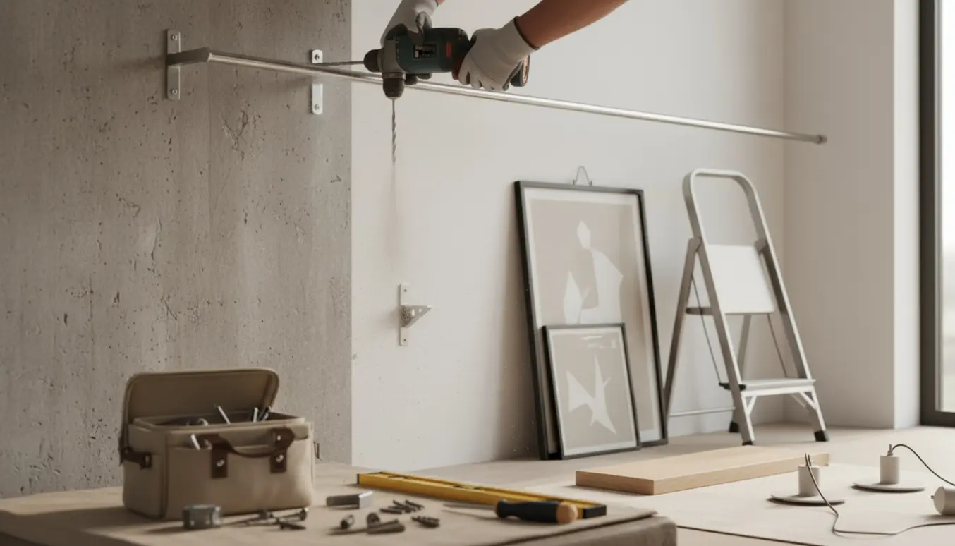 Håndværker monterer gardinstang, lamper, hylder og billeder på gips- og betonvæg med værktøj og rawlplugs.