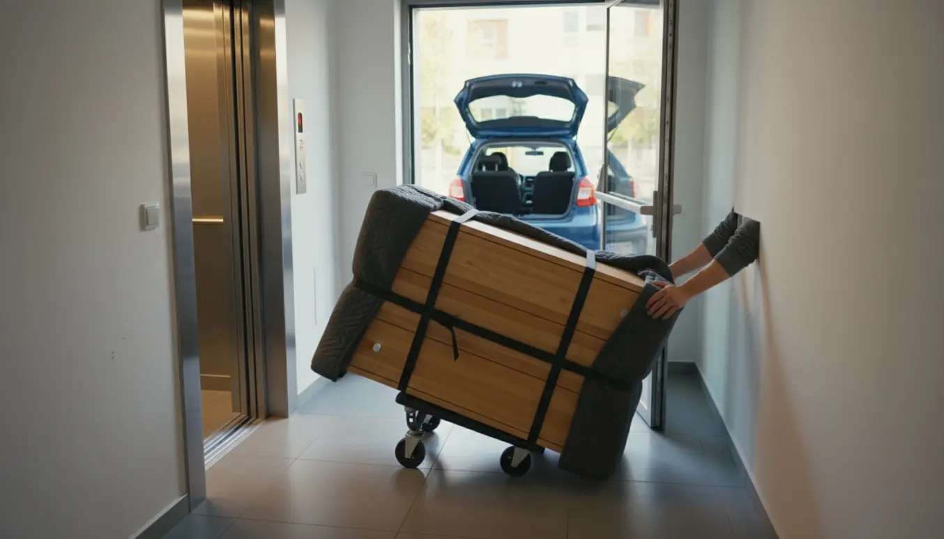 Et trækommode på en flyttevogn, pakket ind i flyttetæpper foran en åben elevator med en bil parkeret lige udenfor.