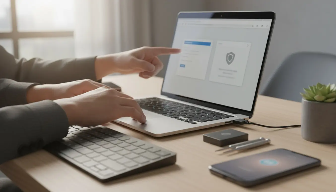 Tekniker ved en Mac-computer konfigurerer adgang til hjemmesider og antivirusprogram.