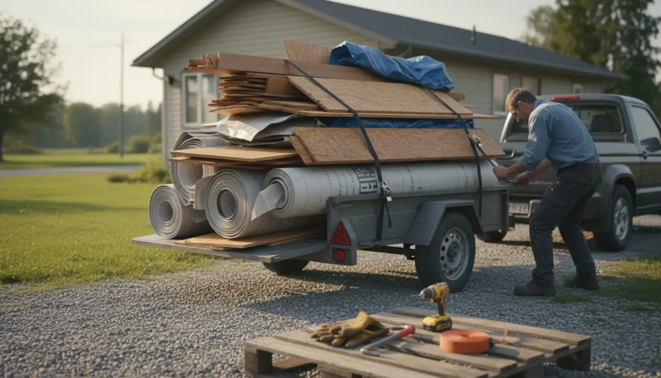 Trailer fyldt med gammelt gulv og værktøj ved indkørsel, klar til at blive kørt på lossepladsen.