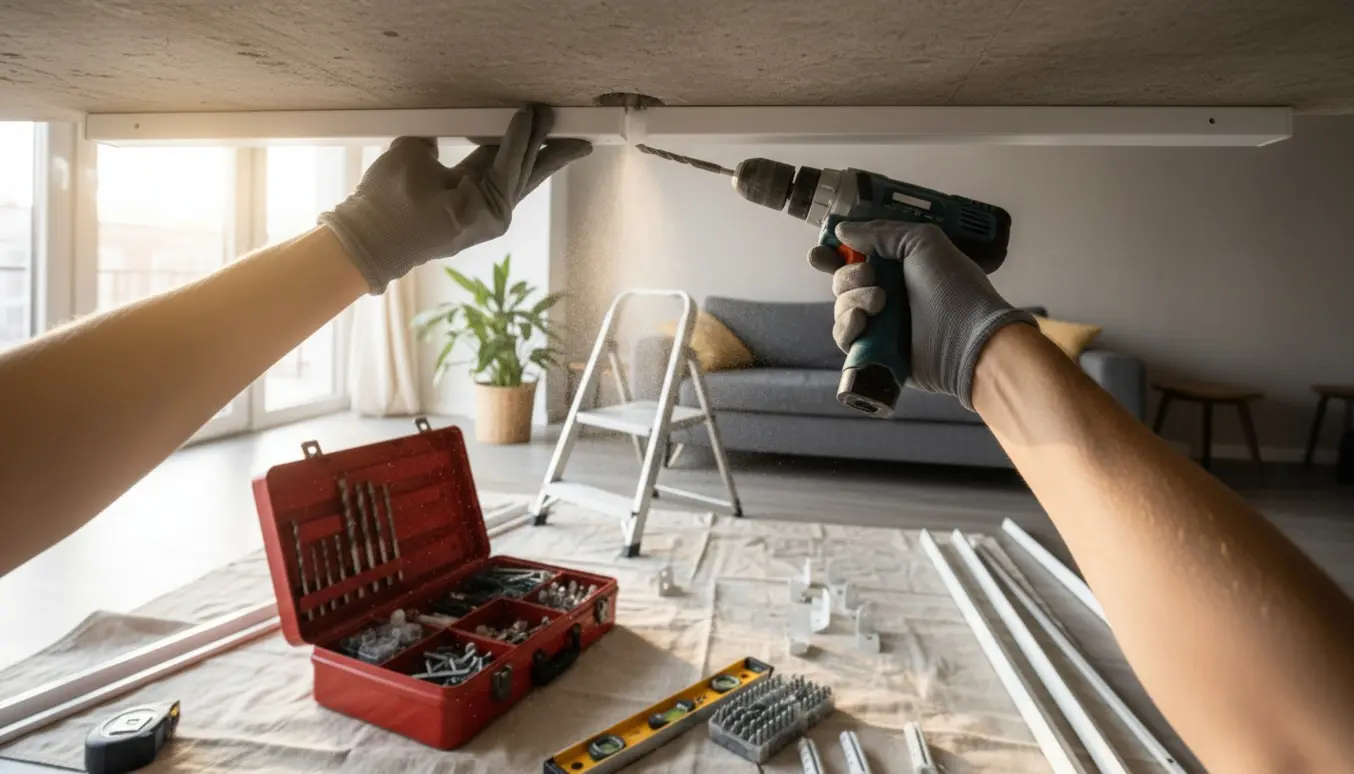 Nærsfoto af hænder på en stige, der monterer en hvid gardinstang i et betonloft med boremaskine og værktøj spredt.