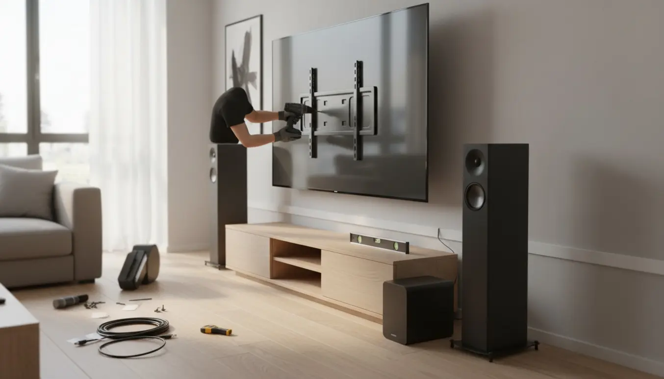 En 65" tv bliver monteret på væg i en moderne stue med to højttalere og en subwoofer.