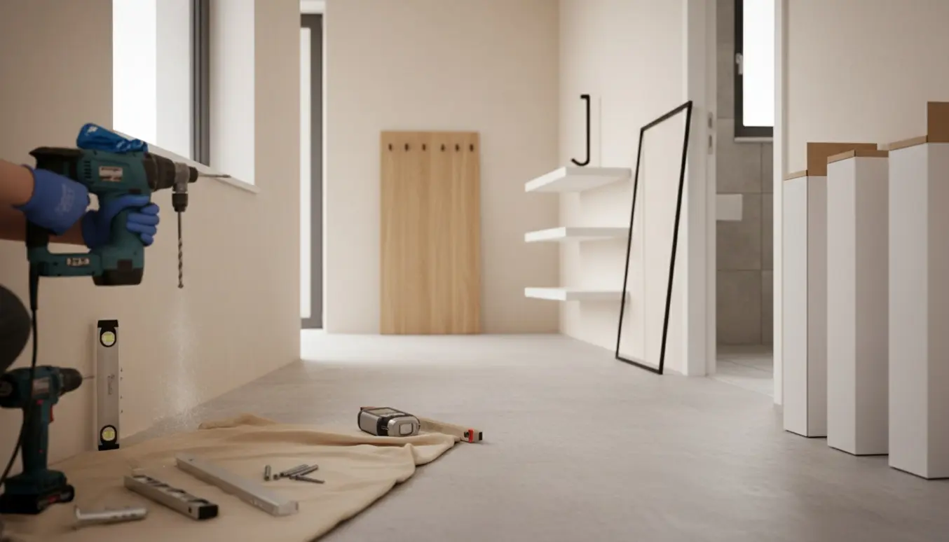 Hænder bruger boremaskine til at montere knagerække og hylder i lejlighed med en vægskanner ved badeværelsesdøren.