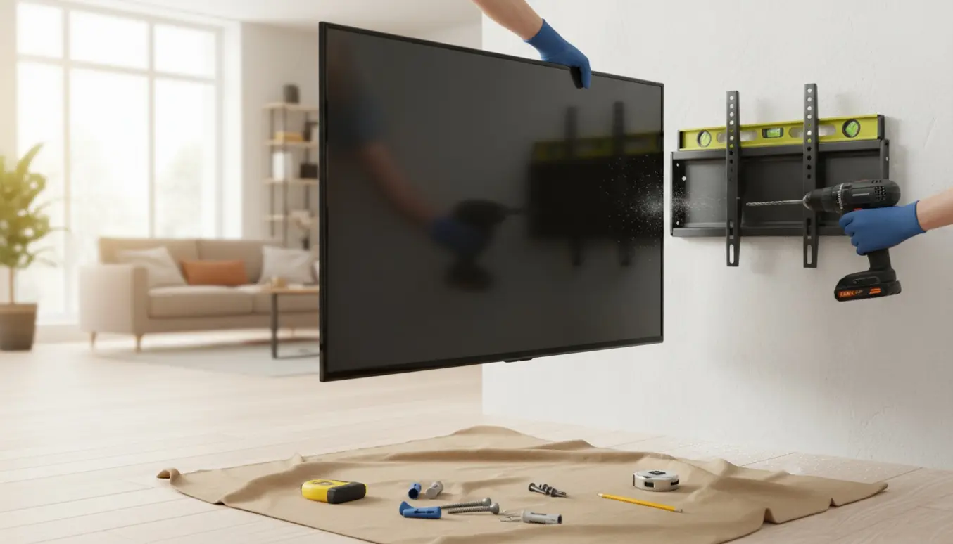 Fladskærm monteres på en gipsvæg med vægbeslag, boremaskine og værktøj.