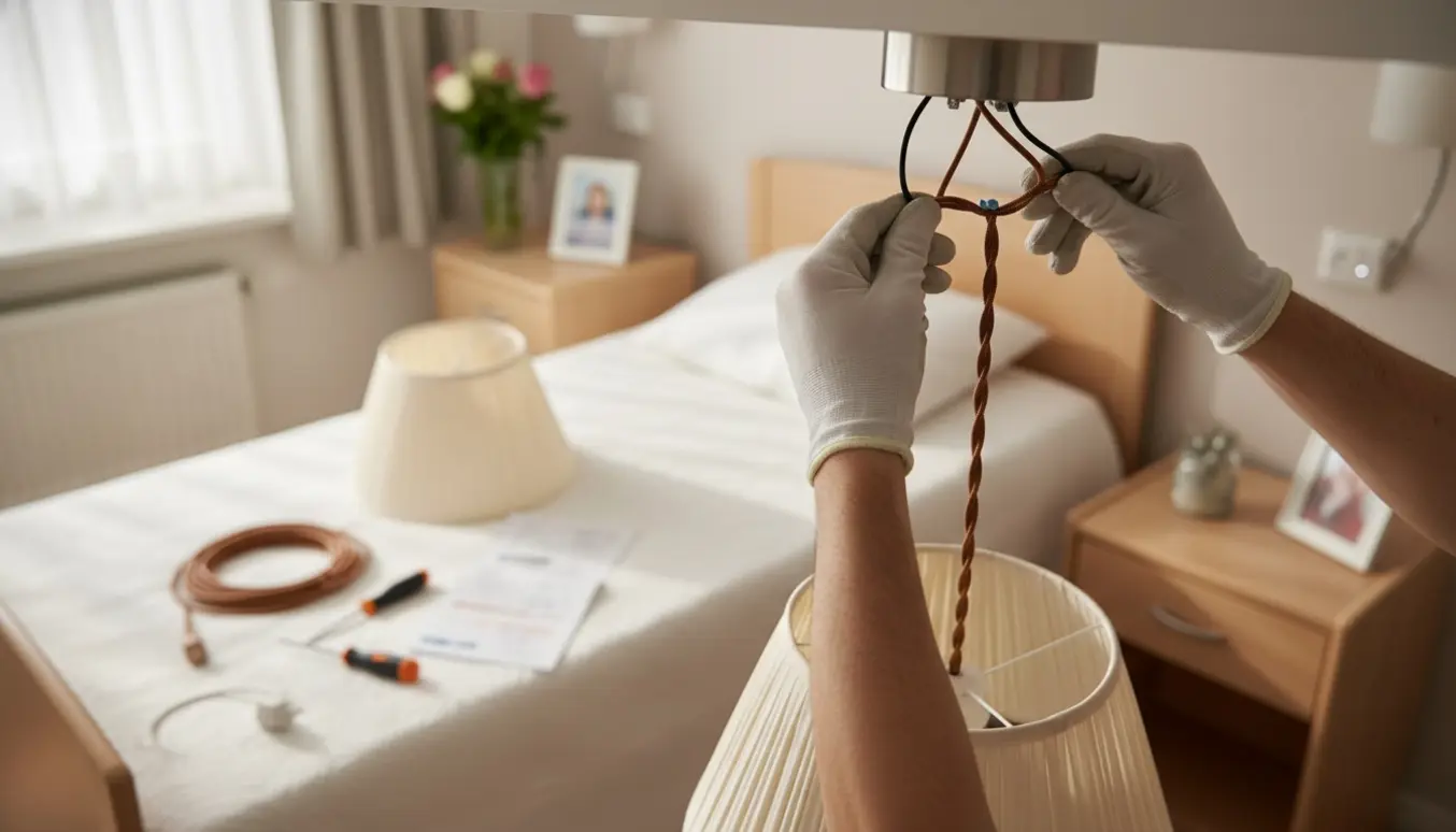 Hænder monterer en loftlampe over en seng i et hyggeligt plejehjemsværelse.