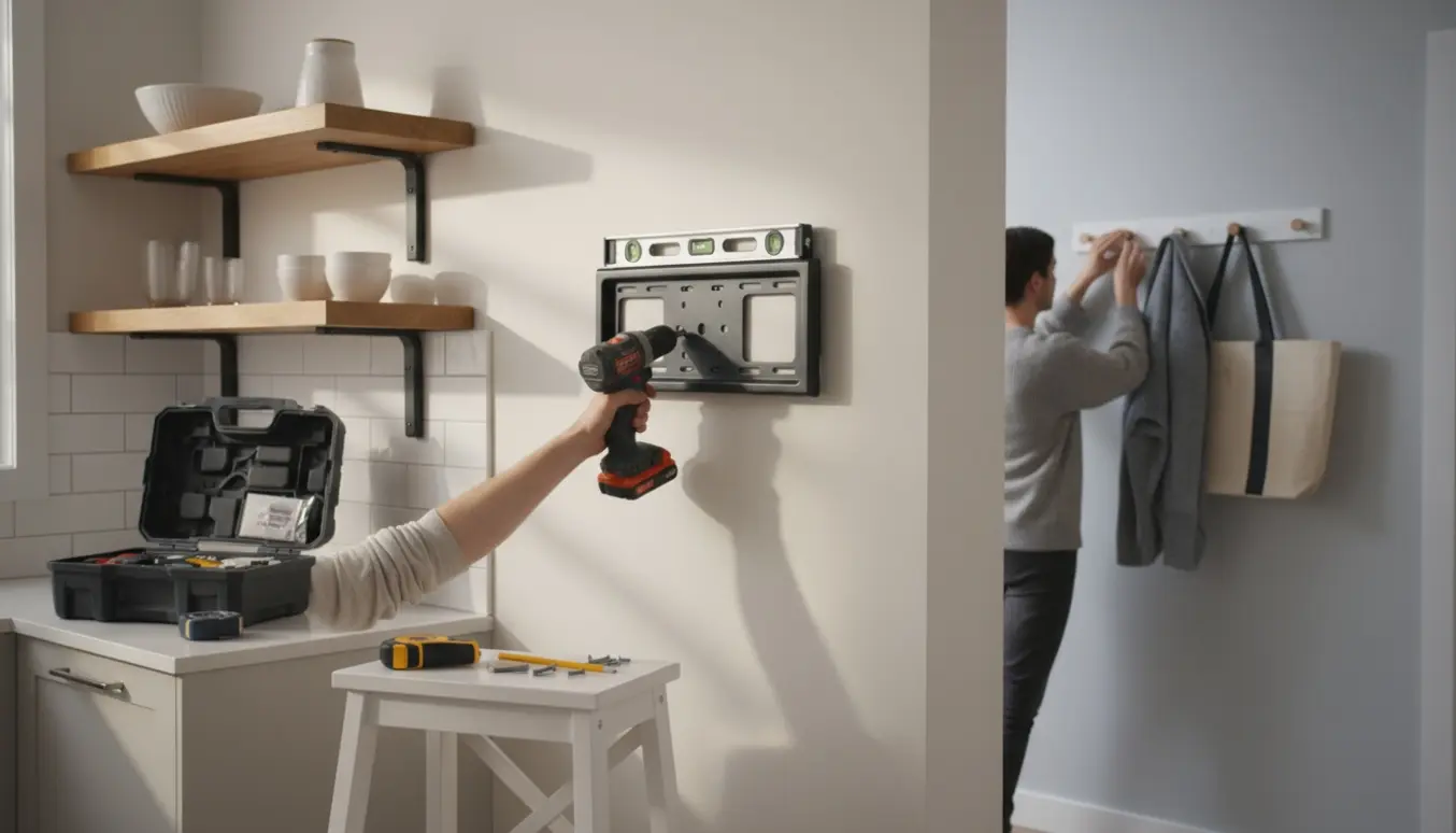 Hænder monterer TV-vægbeslag, to køkkenhylder og en knagerække i et lyst hjem med værktøj på arbejdsfladen.