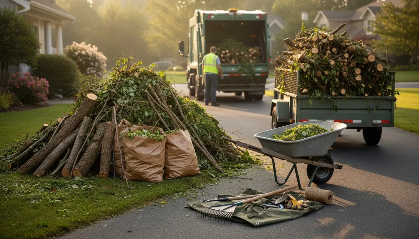 Stor bunke haveaffald og en overfyldt trailer på indkørsel klar til afhentning.