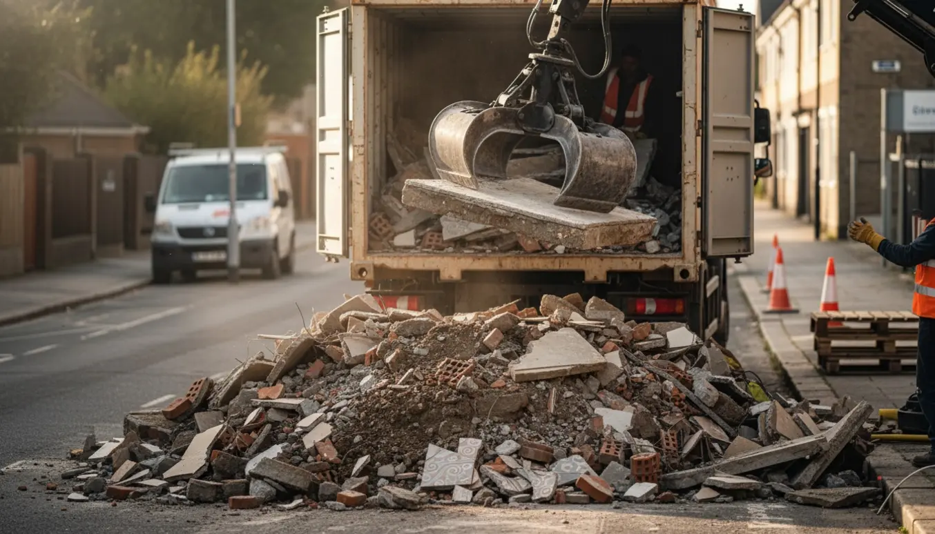 Grablastbil laster beton- og murbrokker i en container ved vej efter nedrivning.