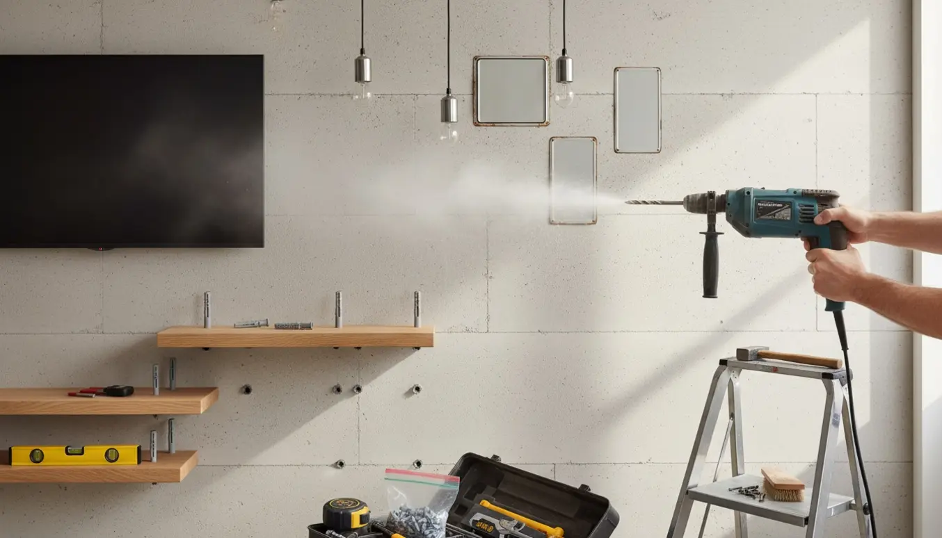 Hænder borer i gasbetonvæg for at montere lamper, TV, hylder og blikskilte.