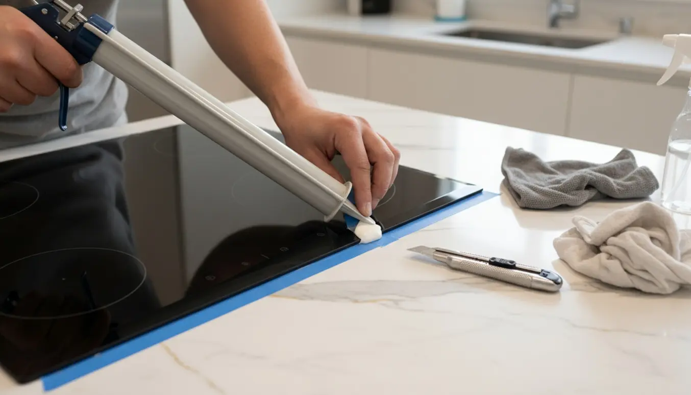 Nærbillede af en planlimet sort keramisk kogeplade i hvid marmor, hvor hænder glatter en nylagt varmebestandig fuge.