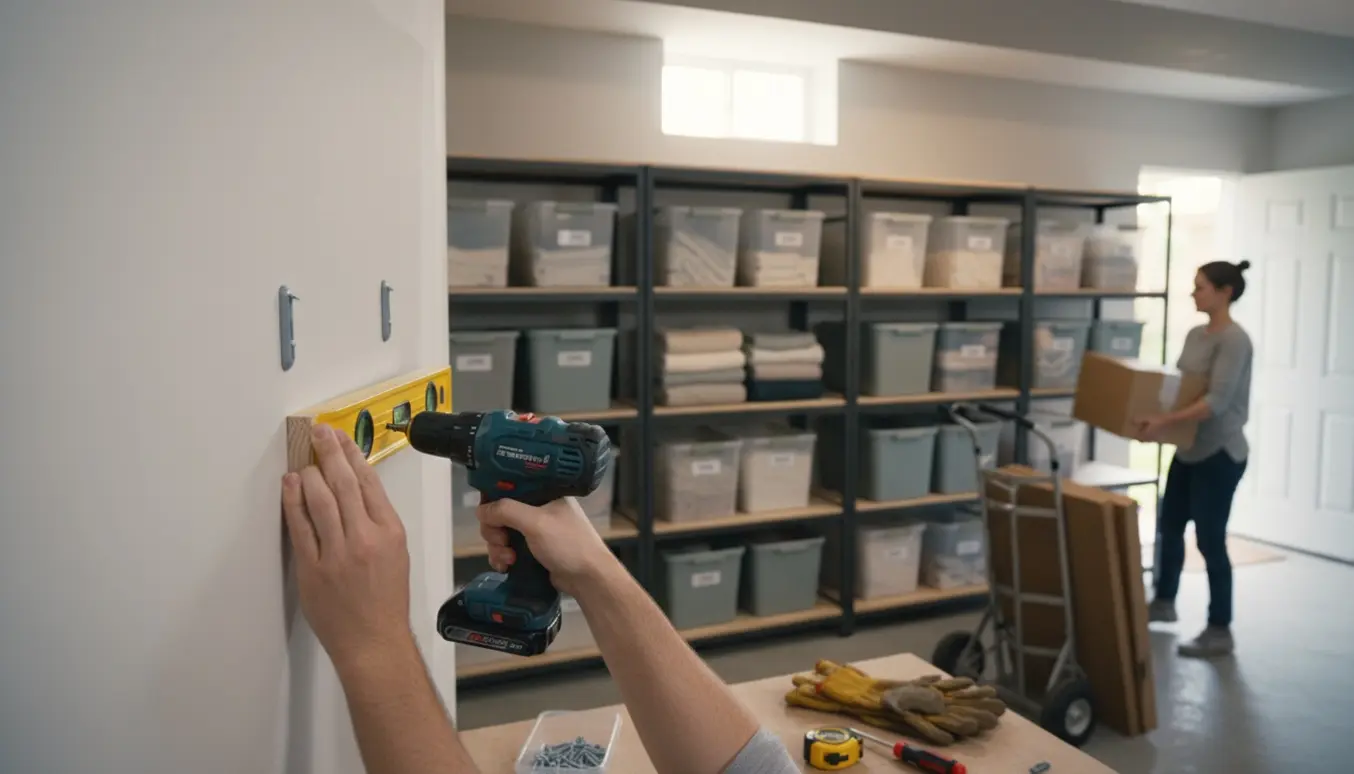 Hænder bruger en skruemaskine til at montere små hylder i et ryddet kælderrum med nysamlede reoler og flyttekasser.
