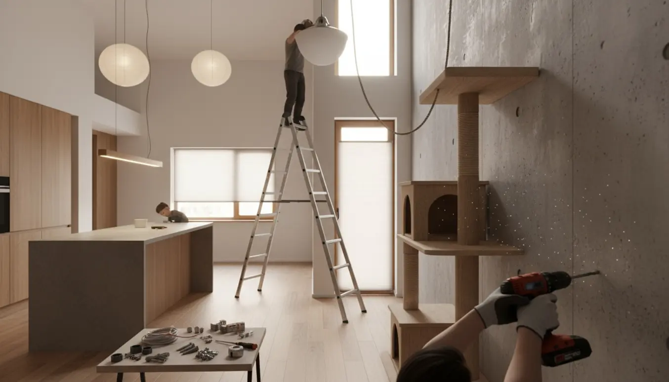 Montering af lamper, up-and-down plisségardin og kattetræ i en lys, åben lejlighed.