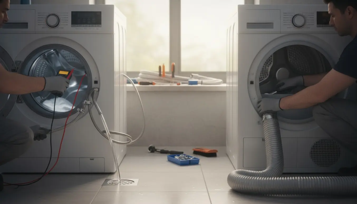 Tekniker uden synligt ansigt reparerer og tilslutter en vaskemaskine og tørretumbler i et lyst vaskerum.