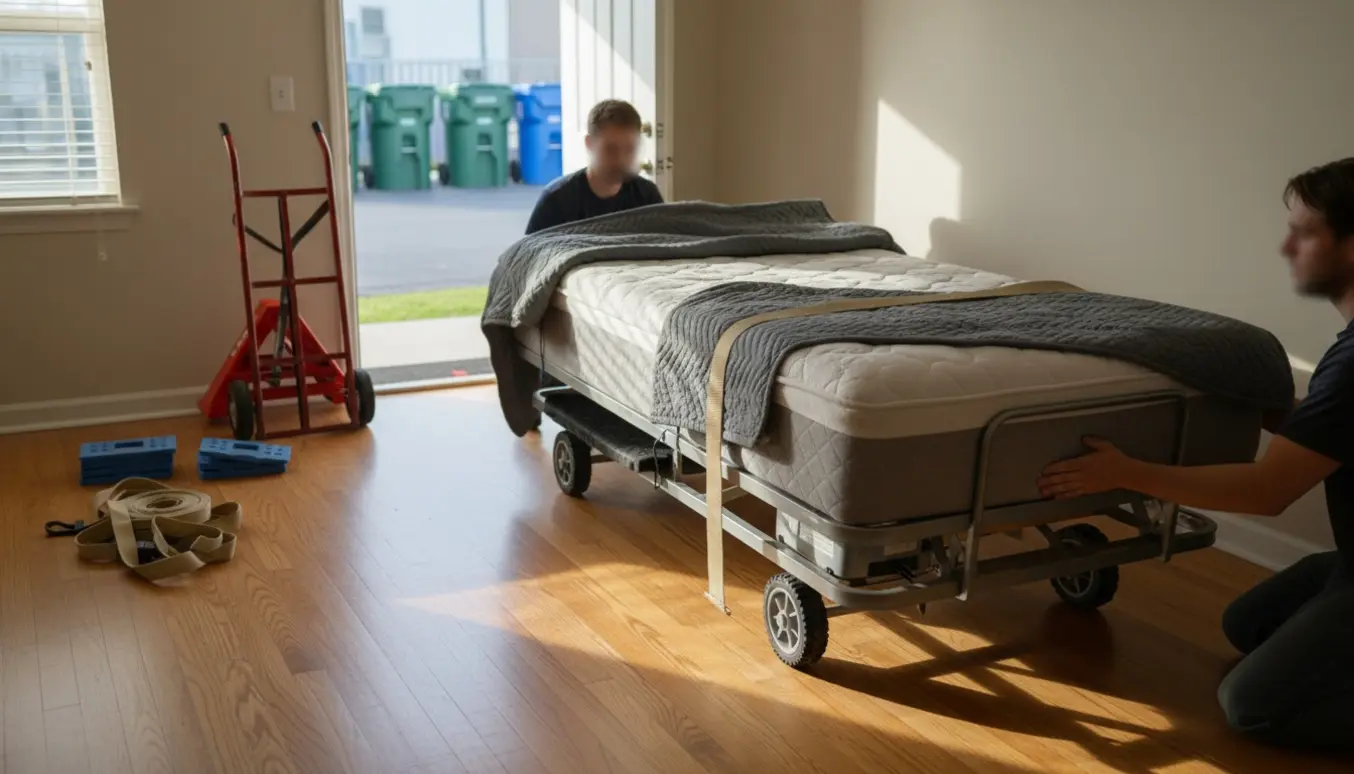 En hæve-sænk enkeltseng pakket på en flyttedolly foran en stue med genbrugscontainere i baggrunden.