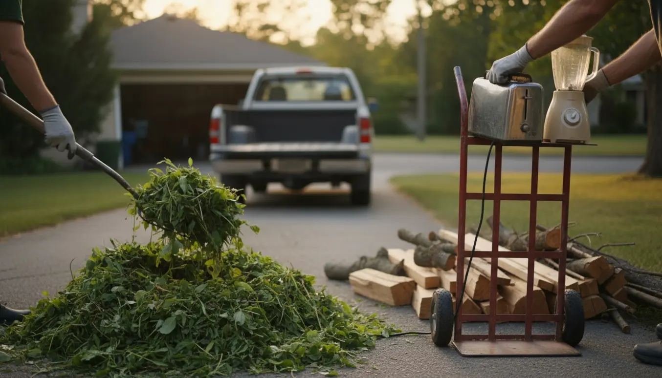 Hænder med handsker læsser træ, grønt haveaffald og køkkenmaskiner op på en vogn ved indkørsel.