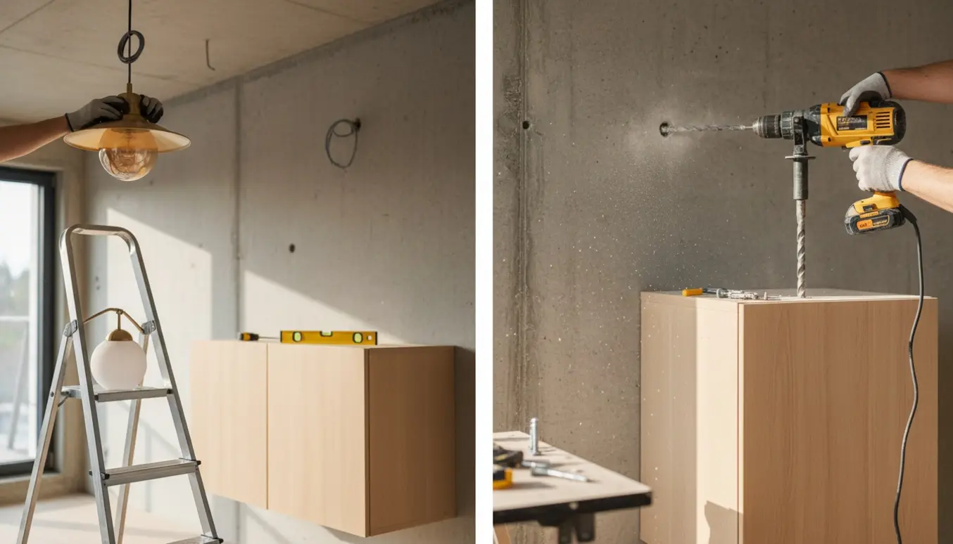 Håndværker monterer loftslamper og fastgør små skabe til betonvæg i et lyst rum.
