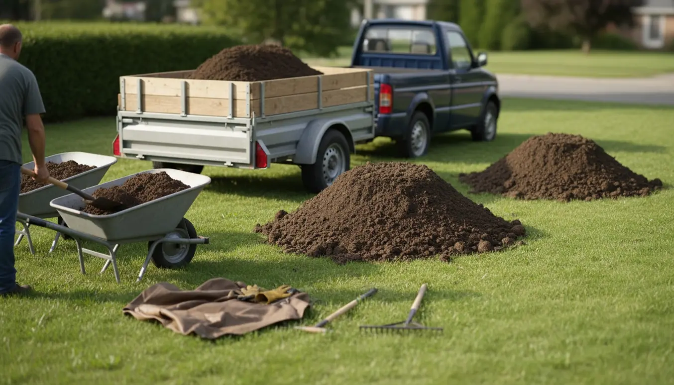 Tre jordbunker i en villahave, en person skovler jord op i en trailer klar til bortkørsel.