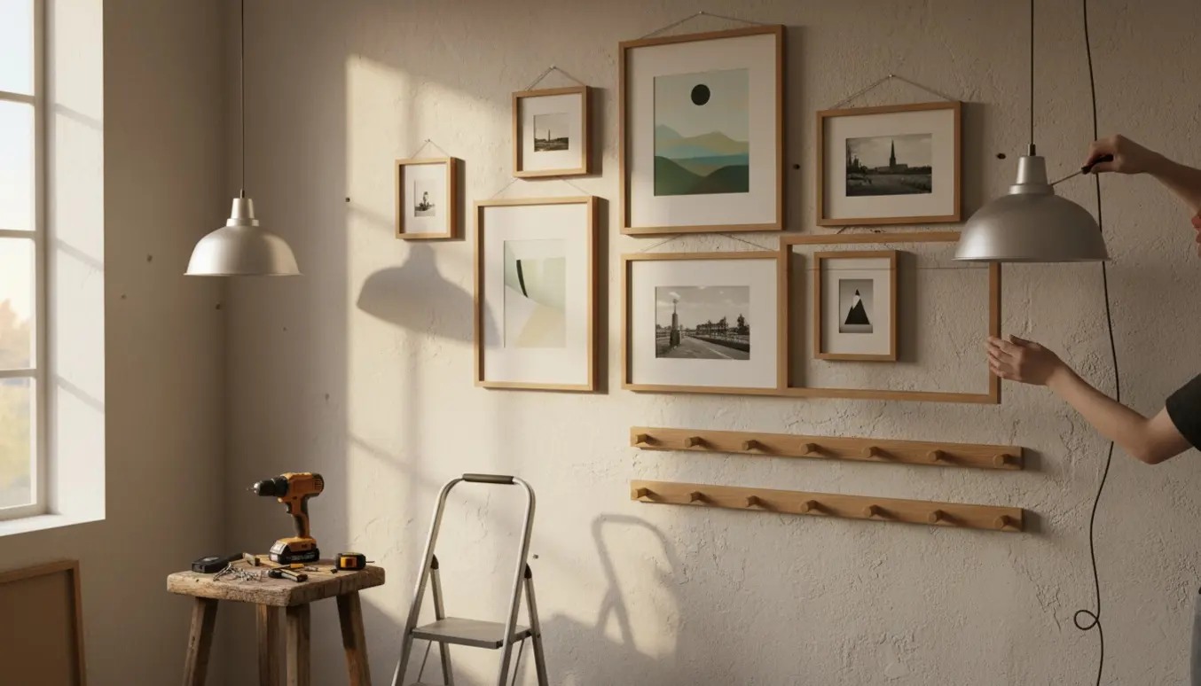 Indendørs væg med omkring ti billeder, 2–3 knagerækker og lamper under ophængning, værktøj og stige i forgrunden.