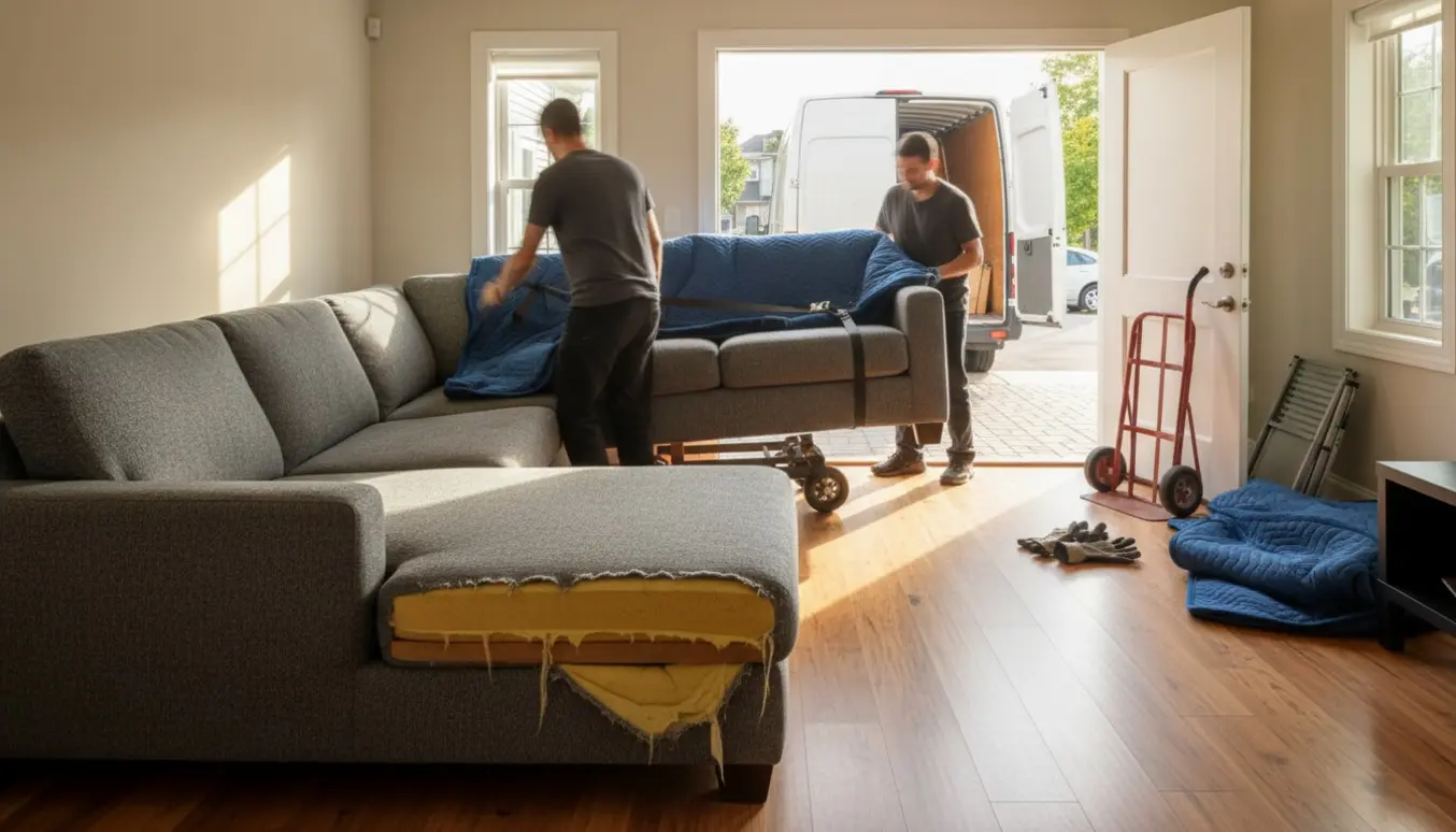 Hjørnesofa delt i to bæres fra stueetagen ud til en åben kassevogn klar til bortskaffelse.