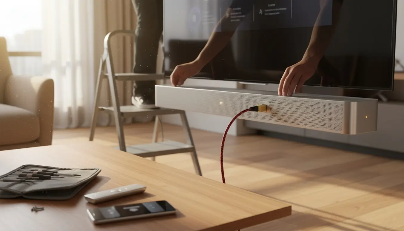 Hænder tilslutter et HDMI-kabel til en væghængt soundbar under et fjernsyn.