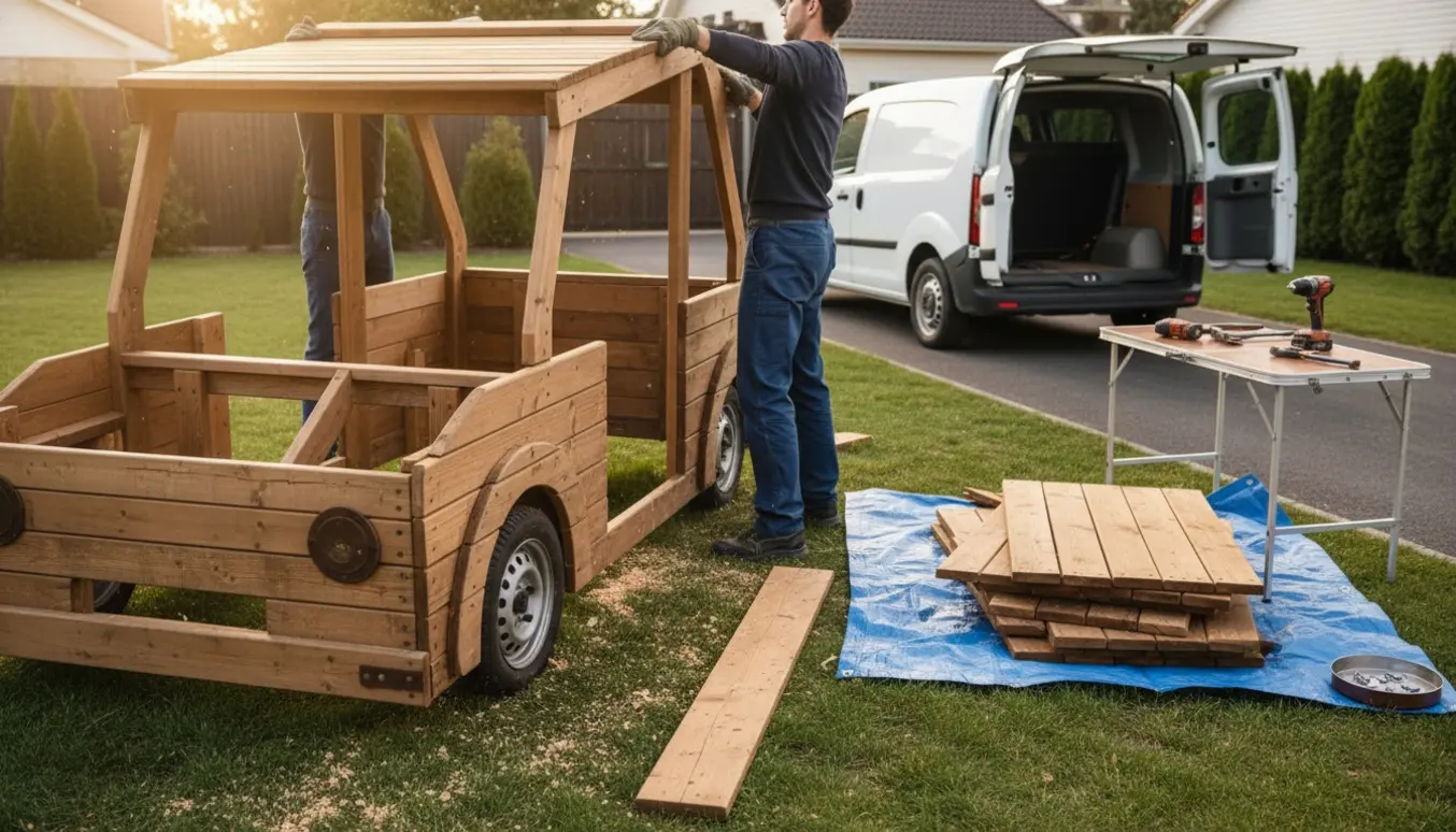 To personer løfter tagdelen af et træ-bilhus i en have, mens dele er stablet klar til genbrug.