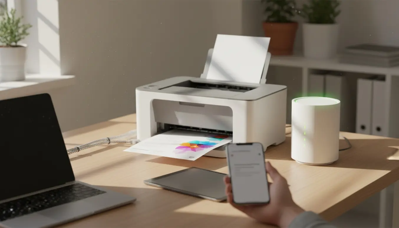 Skrivebord med en HP-printer, en HUAWEI 4G-router, en iPhone i hånden og en iPad og bærbar med slukkede/sluede skærme.