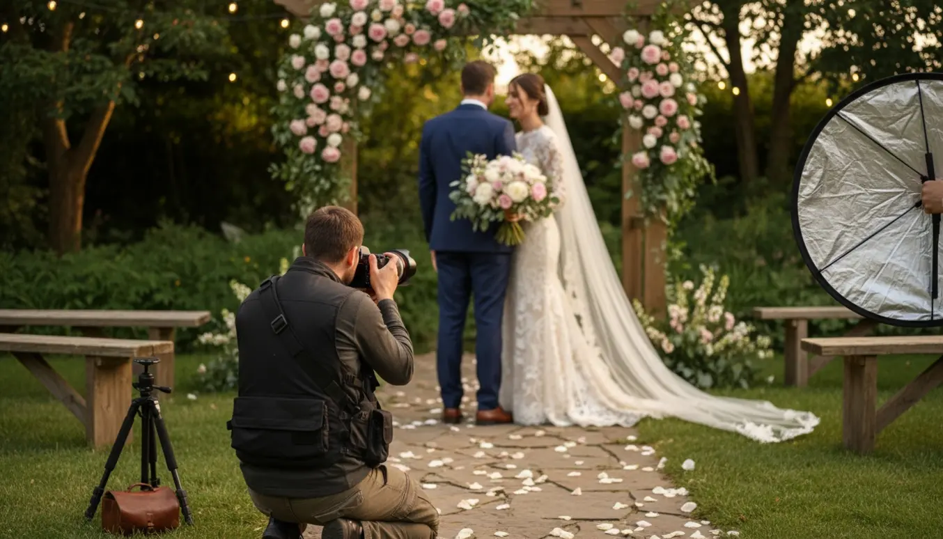 En bryllupsfotograf fotograferer et par foran en blomsterbue i en solopvarmet have.