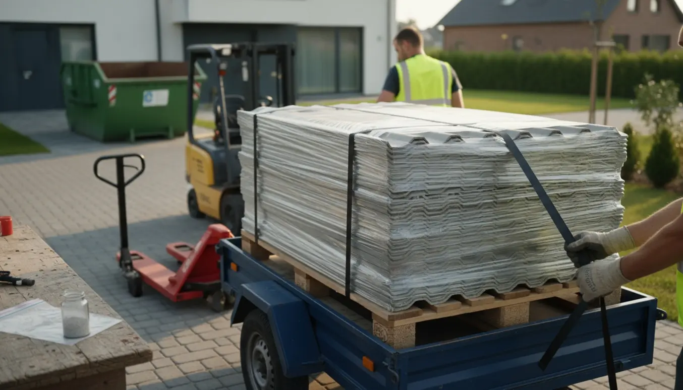 To paller eternit-tagplader pakket på en trailer i indkørselen klar til bortskaffelse.
