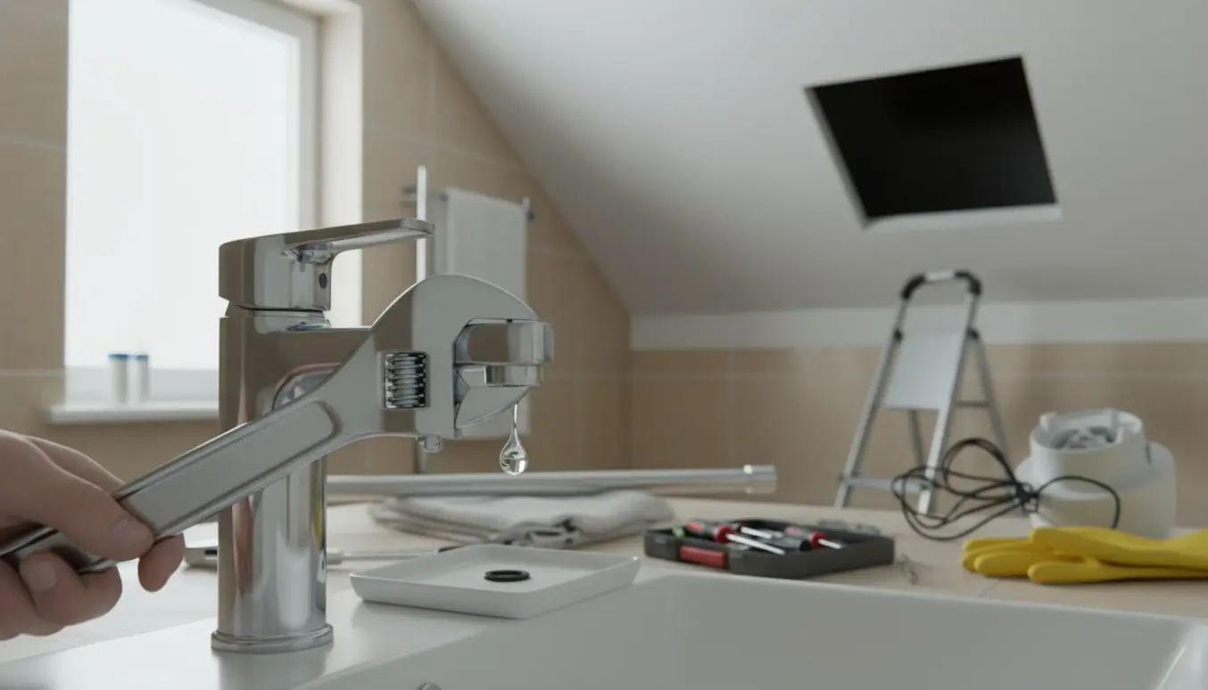 Badeværelse med dryppende vandhane, værktøj, afmonteret bruseforhængsstang og ny lampe klar til montering.