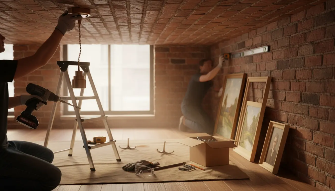 Hænder monterer en lampe og måler op til ophæng af malerier på en murstensvæg med boremaskine og værktøj.