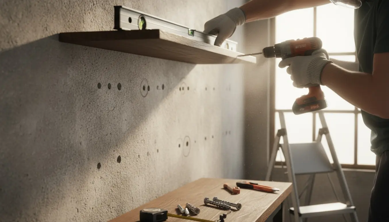 Nærbillede af montering af en tung reol på en murstensvæg med boremaskine, rawlplugs og vaterpas.