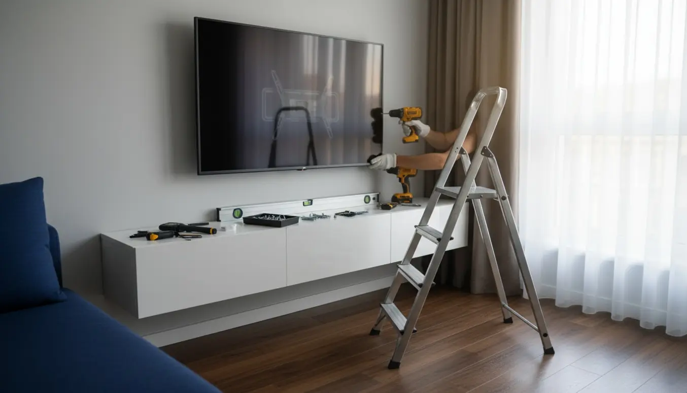Stue hvor et fjernsyn monteres på væggen over en ny hylde, med gardiner trukket til side og værktøj i forgrunden.