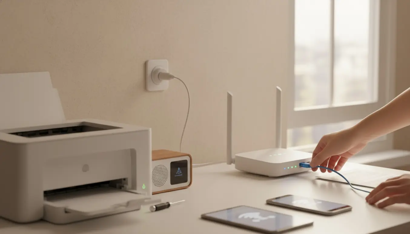 Hænder forsøger at forbinde en printer og en bordradio til et nyt fiber-Wi‑Fi-router på et skrivebord.