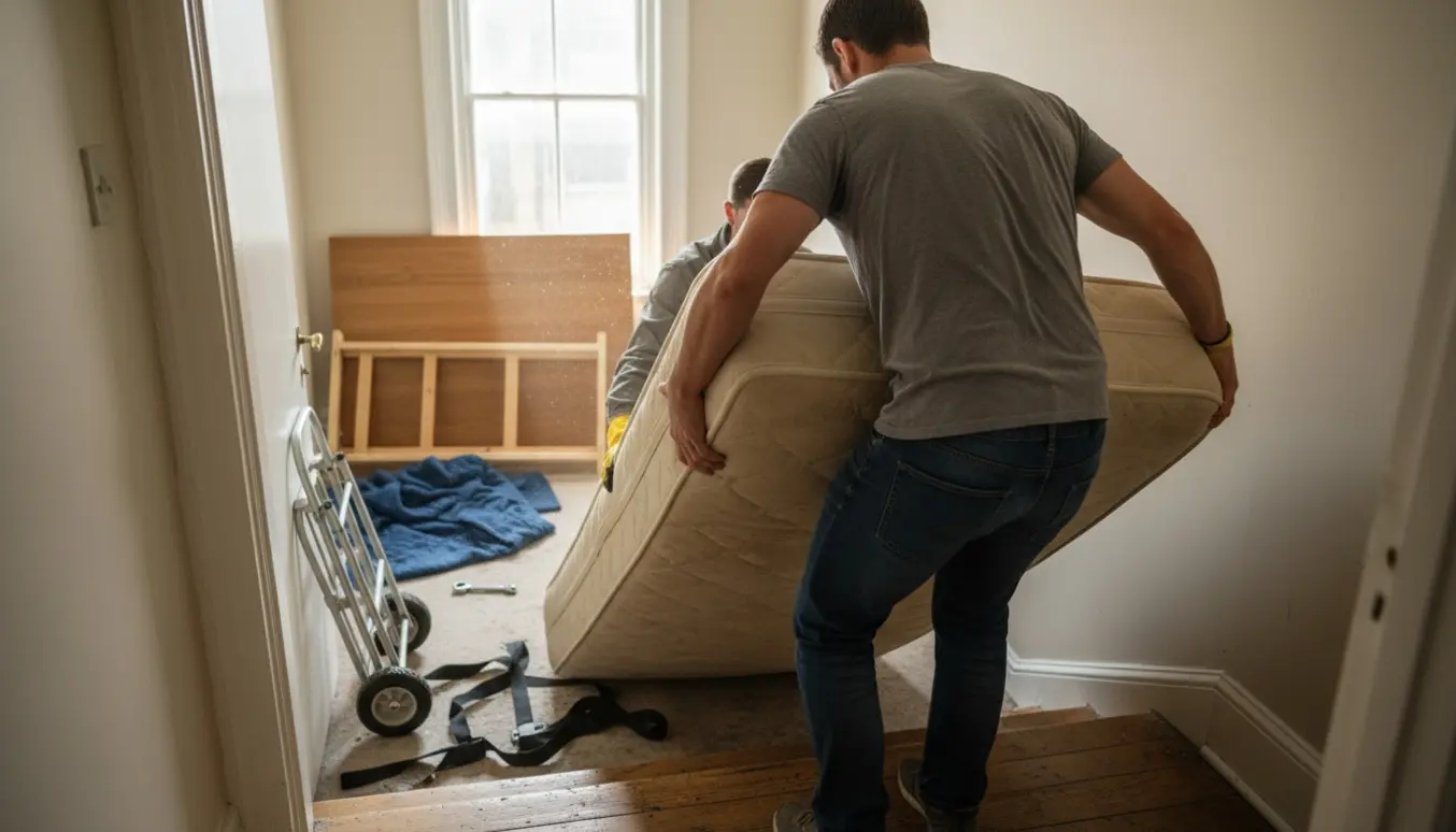 Flyttemænd bærer en dobbeltseng ned ad trappen fra en lejlighed, med sengestel og værktøj i baggrunden.