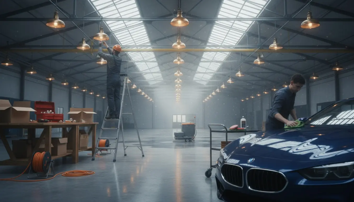 Teknikere opsætter lamper, klargør biler og rengør en rummelig hal med værktøj og udstyr.