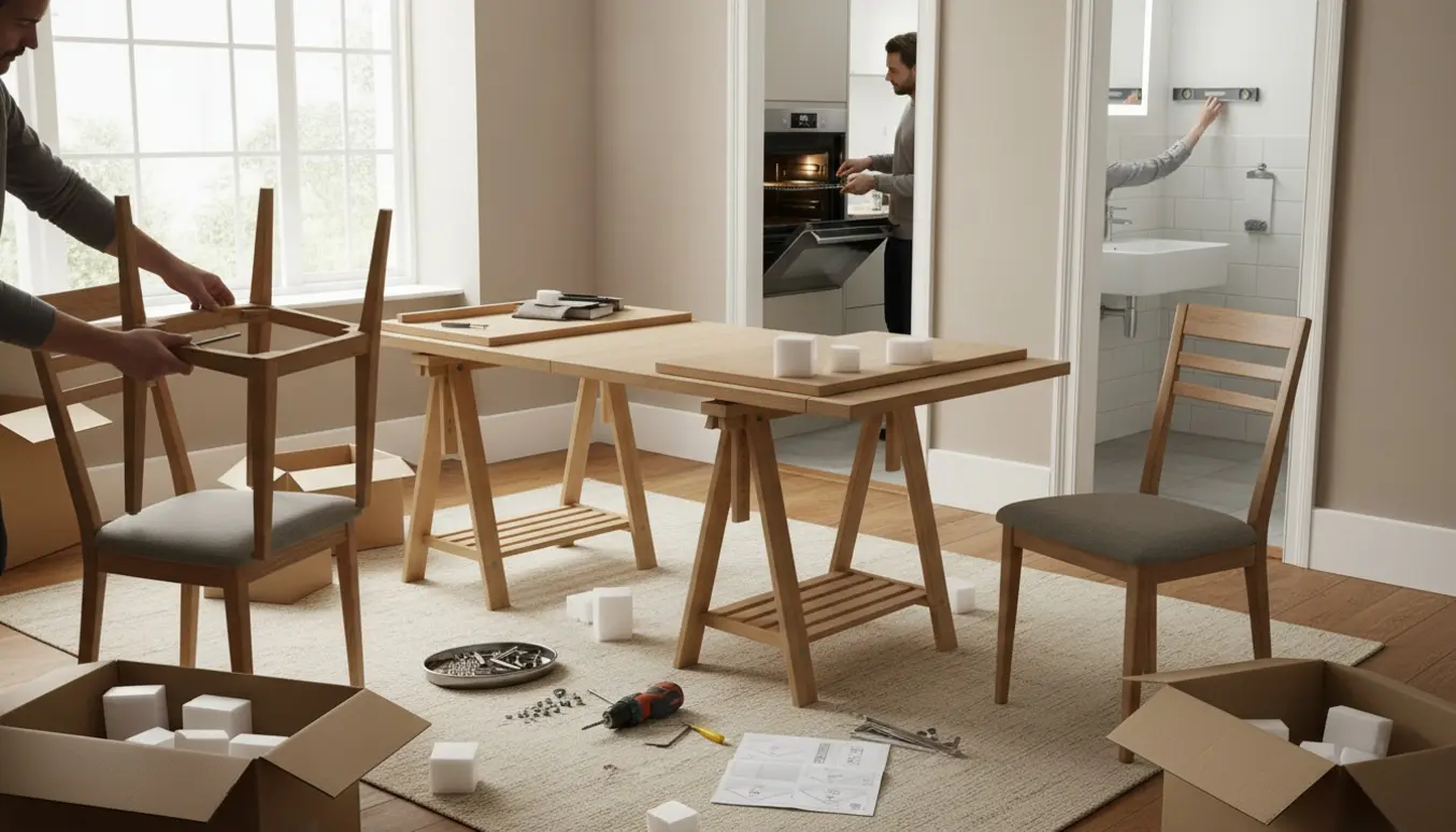 Delvist samlet lyst træ spisebord og stole med værktøj i stuen, mens små monteringsopgaver udføres i køkken og badeværelse.