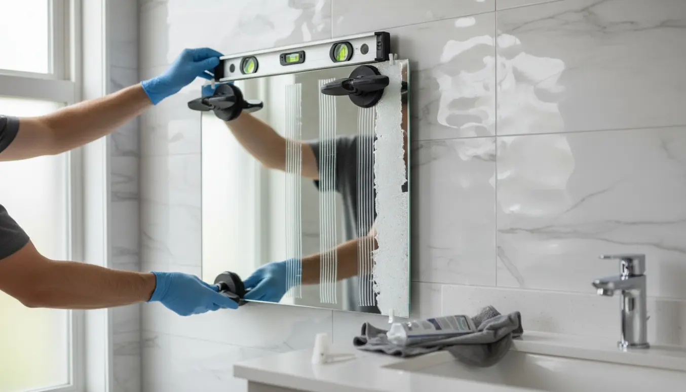 Rektangulært 50x60 cm badespejl bliver limet på en ujævn flisevæg med sugekopper, lim og små afstandskiler.