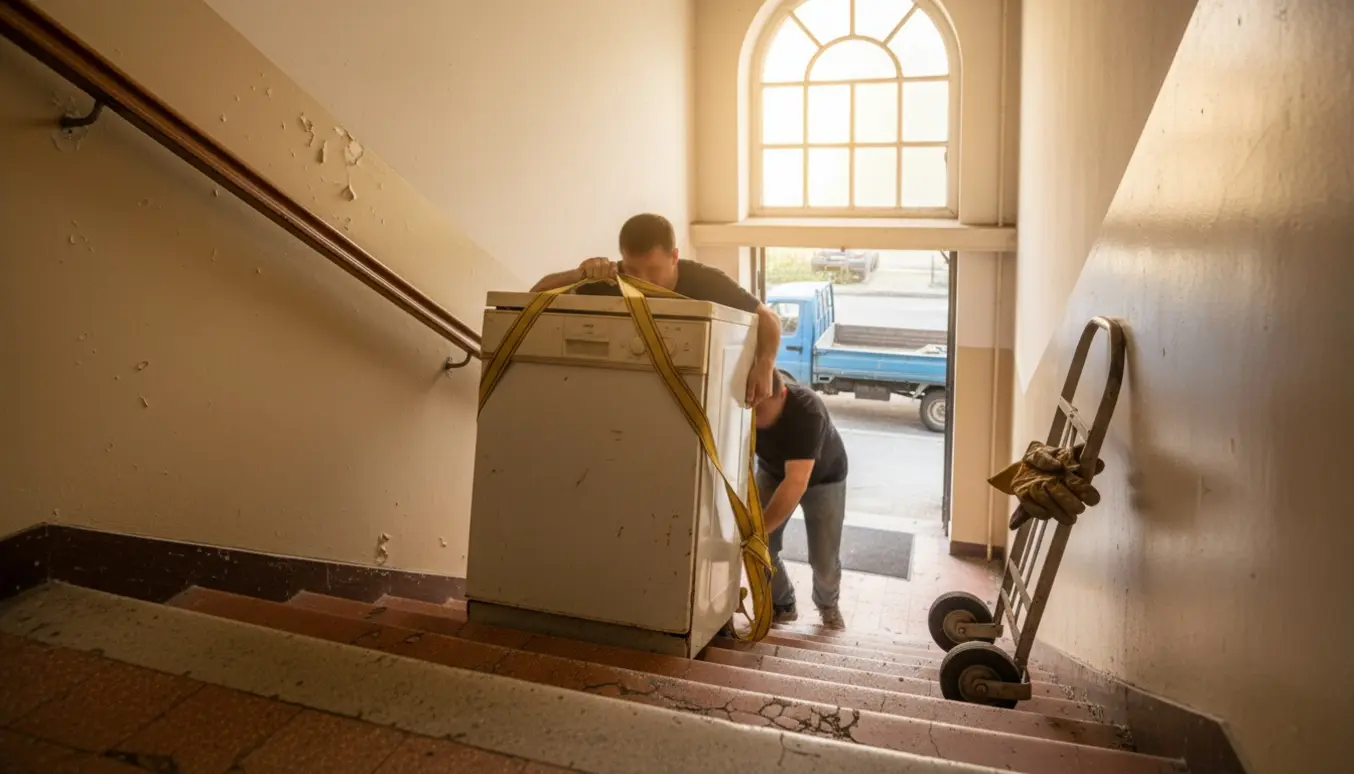 To personer bærer en gammel opvaskemaskine ned ad en trappe mod en ubrandet varevogn.